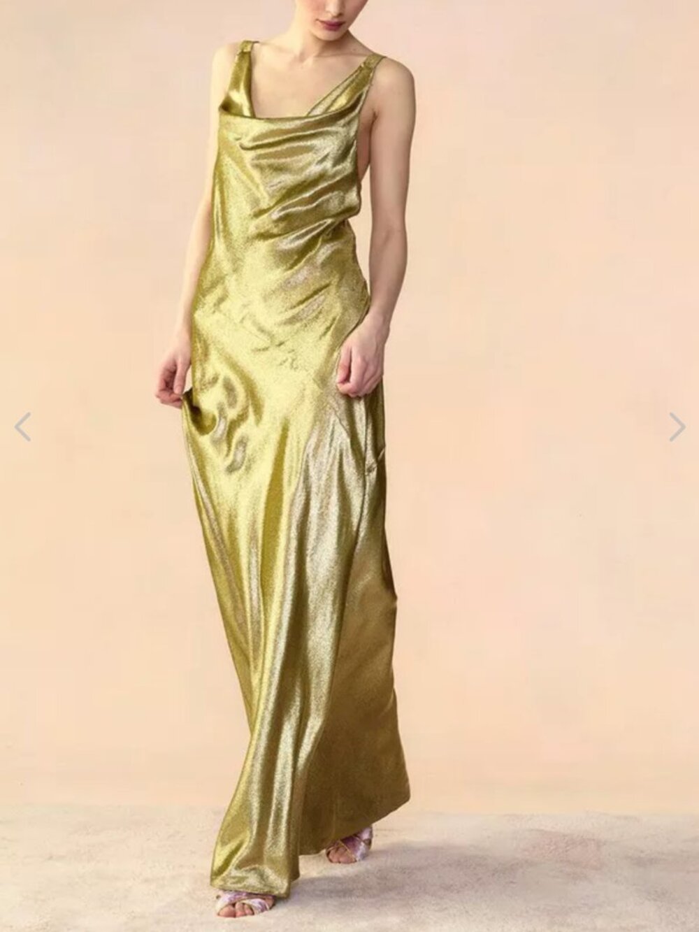 Cynthia Rowley NWT Metallic olive gold silk lamé cowl neck maxi dress.